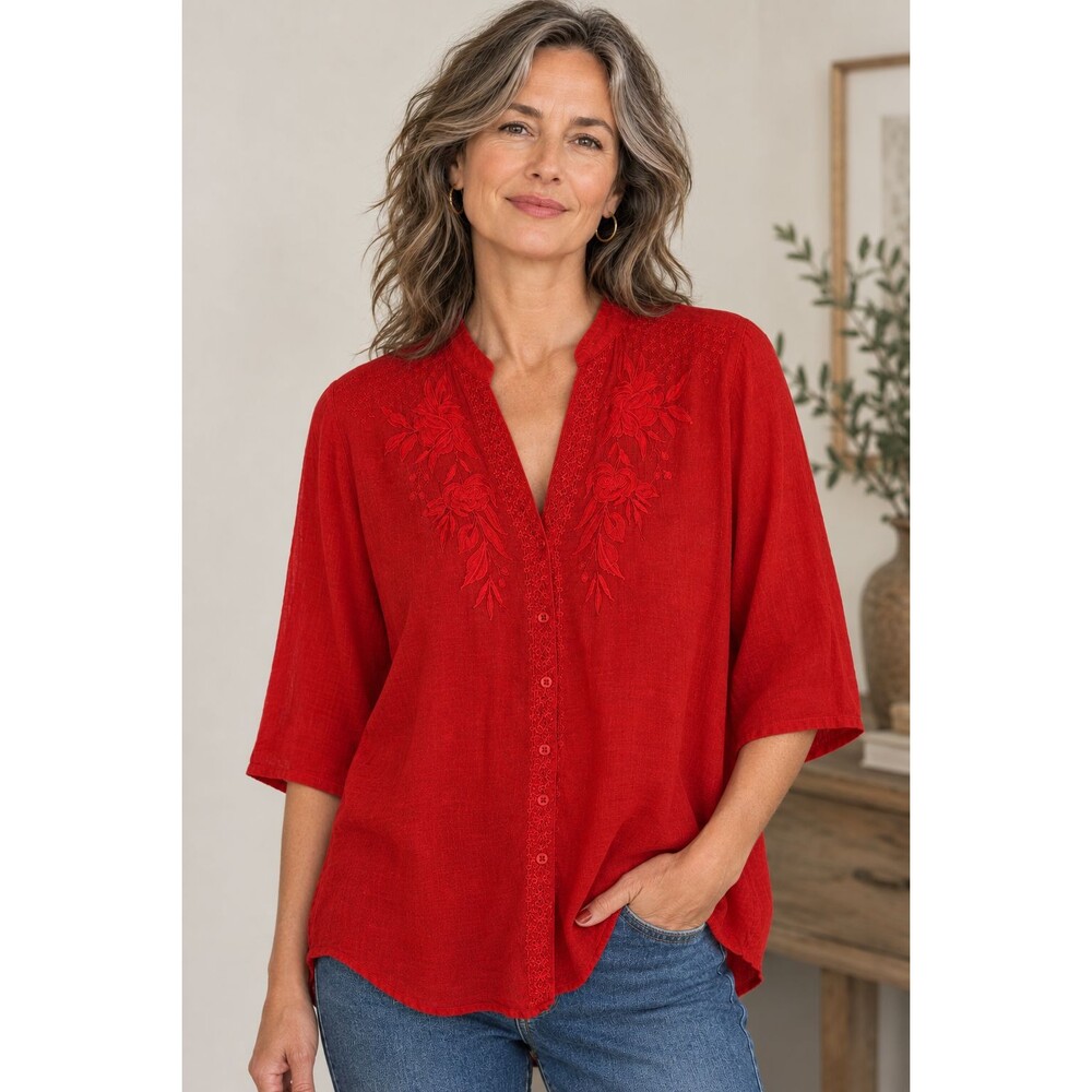 Vintage Goa Embroidered Tunic Top L Red Floral Half Sleeve Button Up